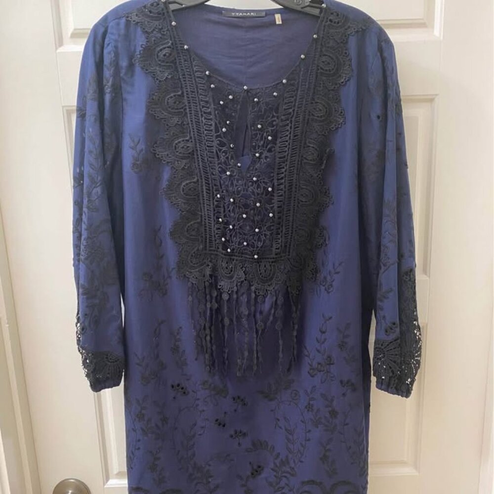 Elie Tahari Peasant Tunic Dress Navy Lace Long Sleeve Size M Cotton